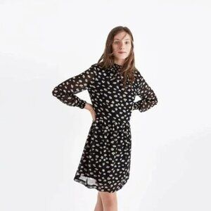 Madewell Black Seattle Floral Mistlight Mockneck Smocked Long Sleeve Dress